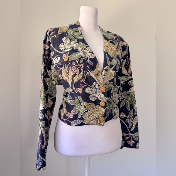 Vintage ‘90s HMS by Jonathan Martin Navy Floral Print Lightweight Cropped Blazer - Picture 1 of 8